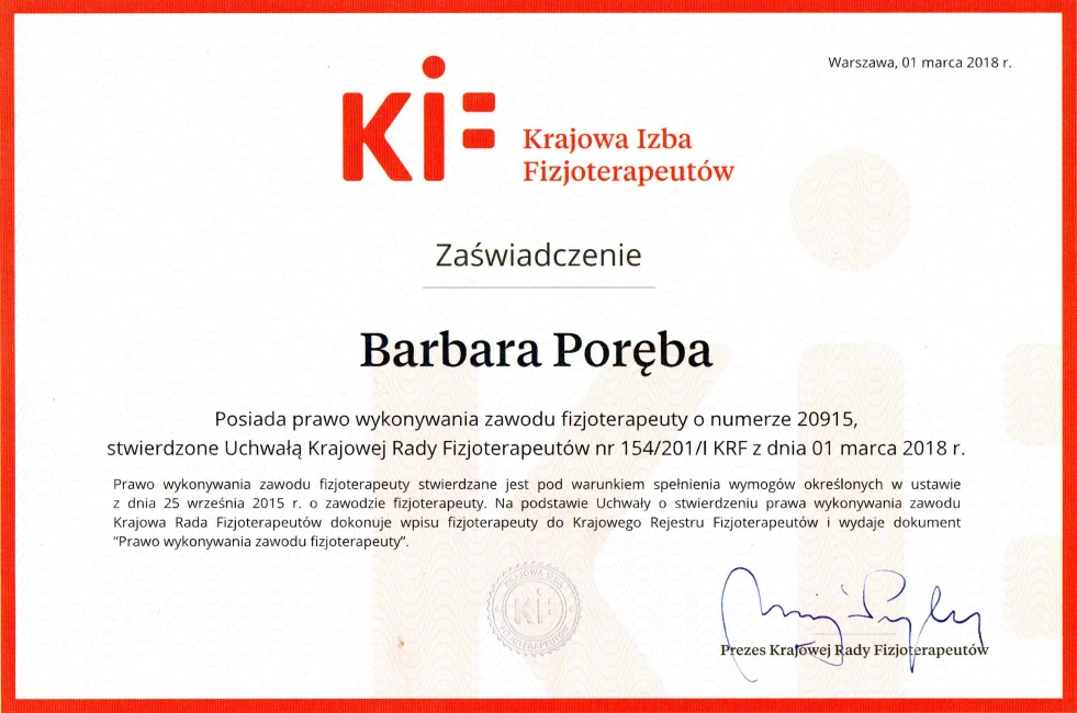 Certyfikat KIF - Barbara Poręba